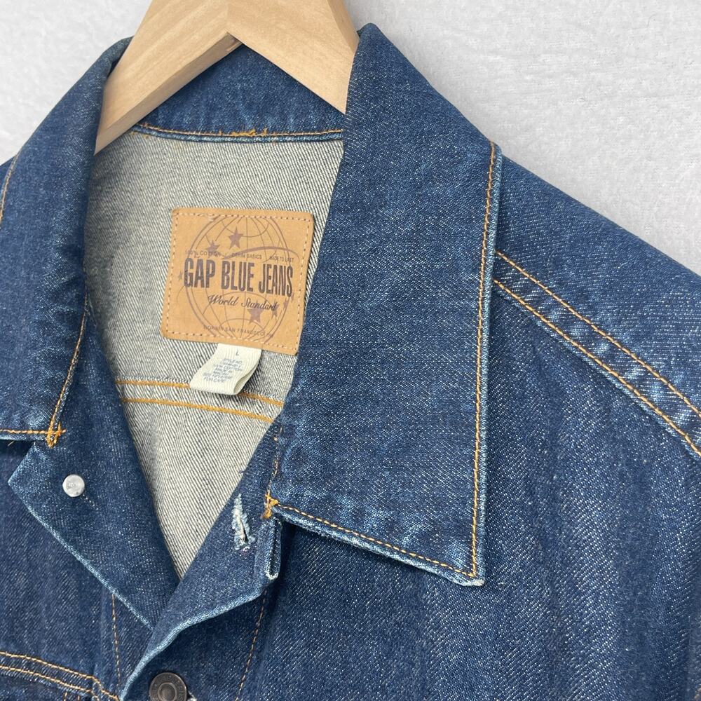 GAP Jacket Mens L 90s Y2K World Standard Jean Trucker Denim Cotton Blue VTG - Picture 7 of 13